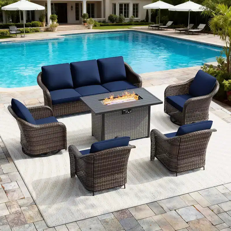 UPTIOT 6-Piece Outdoor Set with 3-Seat Sofa, 2 Swivel Chairs, 2 Single Chairs & 50,000 BTU Brown Fire Table