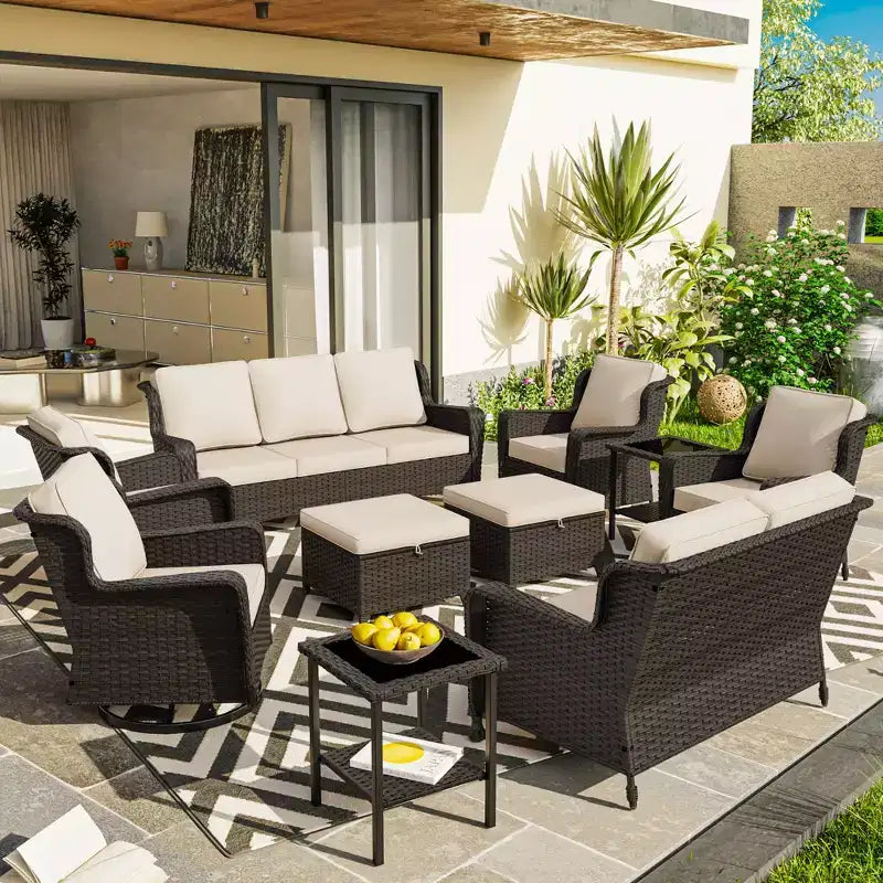 UPTIOT Premium 10-Piece Outdoor Set: 3-Seater Sofa, Loveseat Sofa, 2 Swivel Rockers, 2 Chairs, 2 Ottomans & 2 Coffee Tables