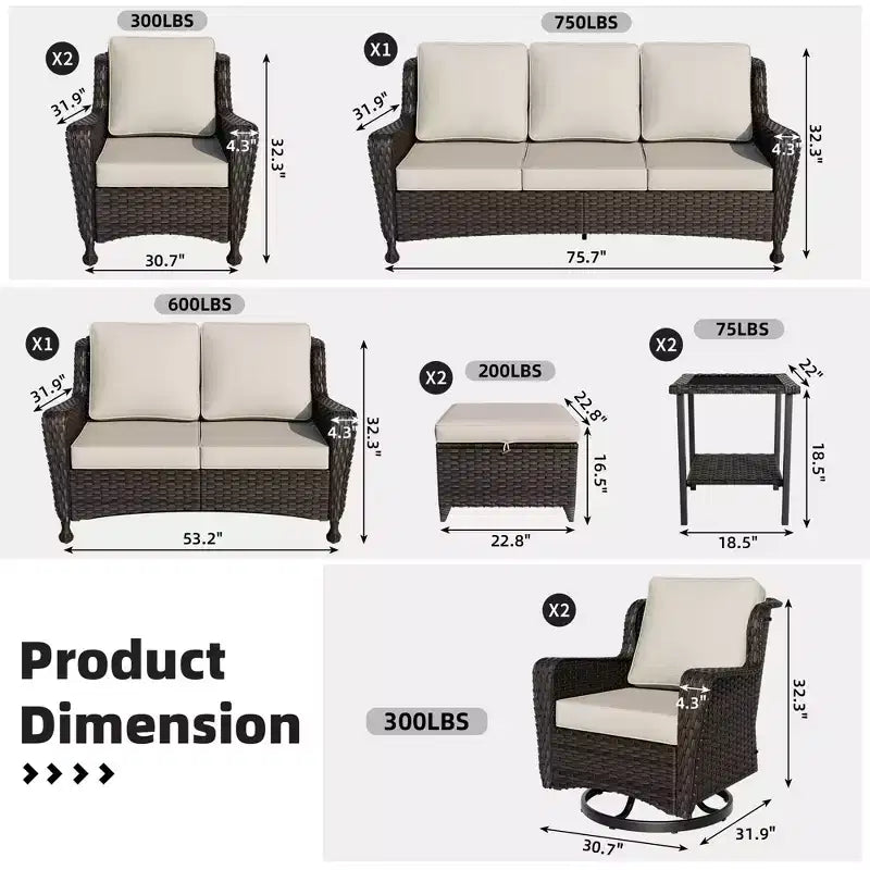 UPTIOT Premium 10-Piece Outdoor Set: 3-Seater Sofa, Loveseat Sofa, 2 Swivel Rockers, 2 Chairs, 2 Ottomans & 2 Coffee Tables