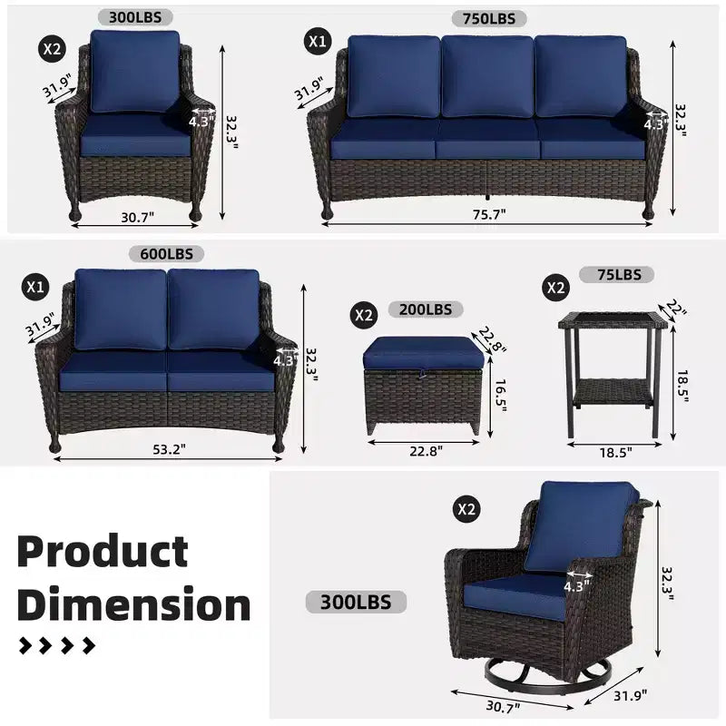 UPTIOT Premium 10-Piece Outdoor Set: 3-Seater Sofa, Loveseat Sofa, 2 Swivel Rockers, 2 Chairs, 2 Ottomans & 2 Coffee Tables