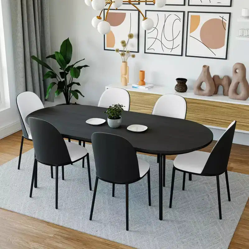 LeisureMod Tule 7-Piece Dining Set in Steel Frame with 6 Upholstered Seat Dining Chairs and 71 Oval Dining Table with Wood Tabletop