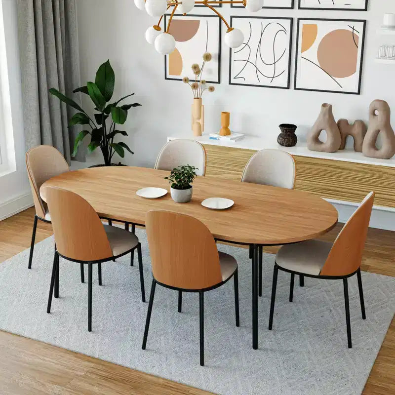 LeisureMod Tule 7-Piece Dining Set in Steel Frame with 6 Upholstered Seat Dining Chairs and 71 Oval Dining Table with Wood Tabletop