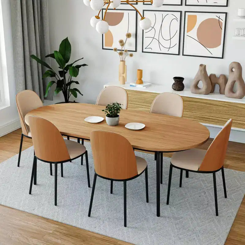 LeisureMod Tule 7-Piece Dining Set in Steel Frame with 6 Upholstered Seat Dining Chairs and 71 Oval Dining Table with Wood Tabletop