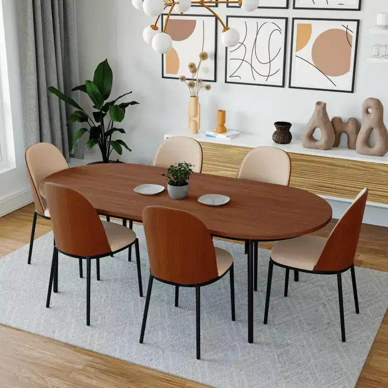LeisureMod Tule 7-Piece Dining Set in Steel Frame with 6 Upholstered Seat Dining Chairs and 71 Oval Dining Table with Wood Tabletop