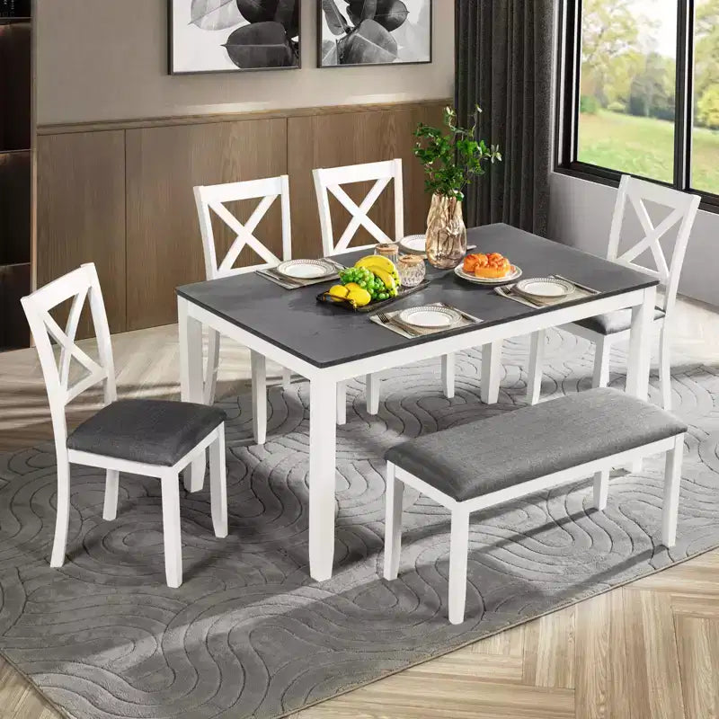 sumyeg 6 Piece Dining Table Set with Bench and 4 Chairs for Kitchen or Dining Room