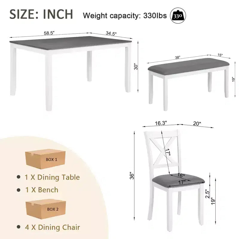 sumyeg 6 Piece Dining Table Set with Bench and 4 Chairs for Kitchen or Dining Room
