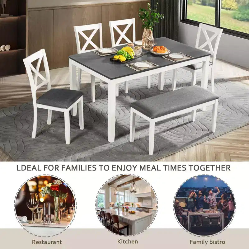 sumyeg 6 Piece Dining Table Set with Bench and 4 Chairs for Kitchen or Dining Room