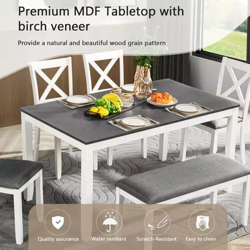 sumyeg 6 Piece Dining Table Set with Bench and 4 Chairs for Kitchen or Dining Room
