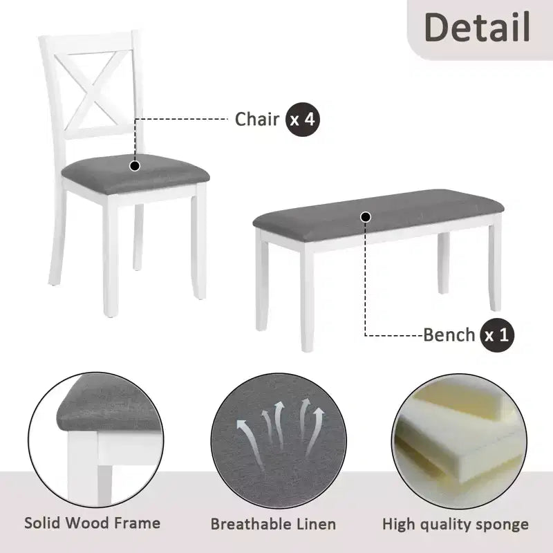 sumyeg 6 Piece Dining Table Set with Bench and 4 Chairs for Kitchen or Dining Room