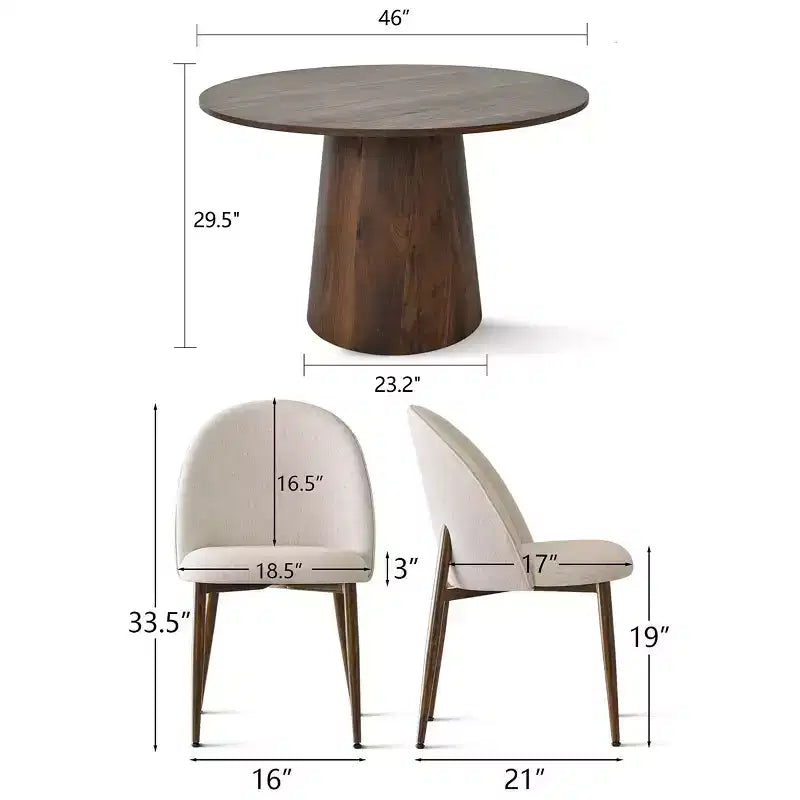 5-Piece Round Dining Set, 46 Walnut-Tone Pedestal Table and Armless Upholstered Chairs, for Breakfast Nooks-Panipeachy