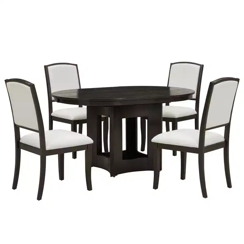 Farmhouse Extendable Round Dining Table Set for 4, 5 Pieces Kitchen Table Set with Removable Leaf and 4 Upholstered Chairs