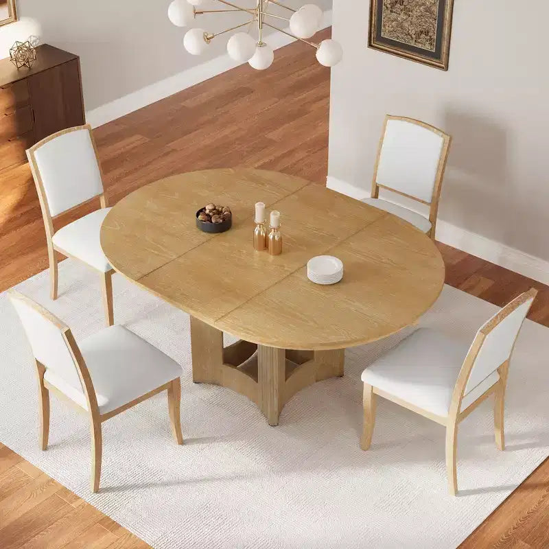 Farmhouse Extendable Round Dining Table Set for 4, 5 Pieces Kitchen Table Set with Removable Leaf and 4 Upholstered Chairs