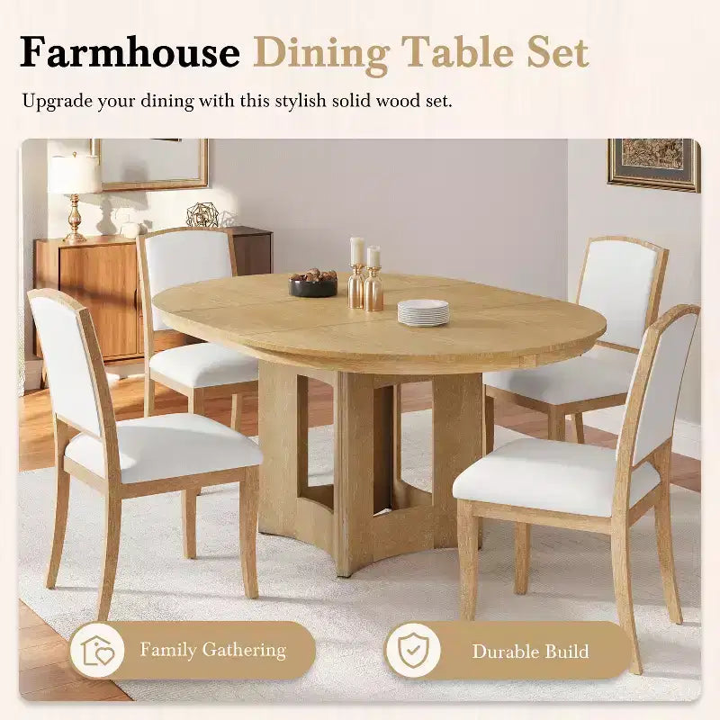Farmhouse Extendable Round Dining Table Set for 4, 5 Pieces Kitchen Table Set with Removable Leaf and 4 Upholstered Chairs
