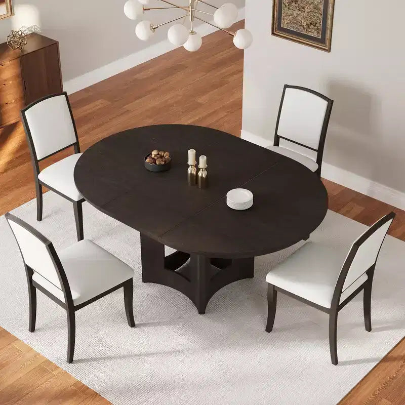 Farmhouse Extendable Round Dining Table Set for 4, 5 Pieces Kitchen Table Set with Removable Leaf and 4 Upholstered Chairs