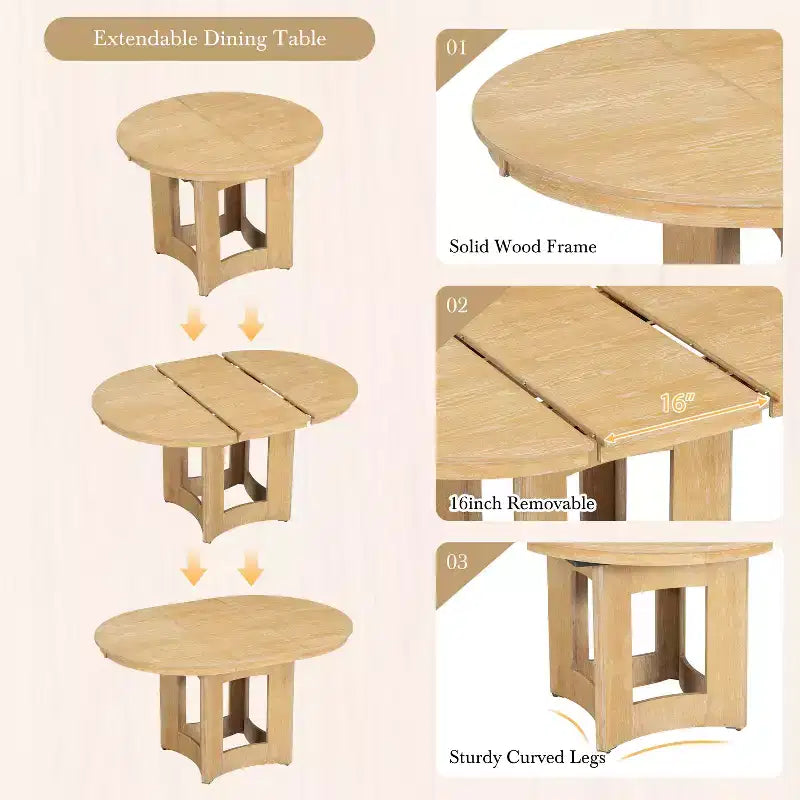 Farmhouse Extendable Round Dining Table Set for 4, 5 Pieces Kitchen Table Set with Removable Leaf and 4 Upholstered Chairs