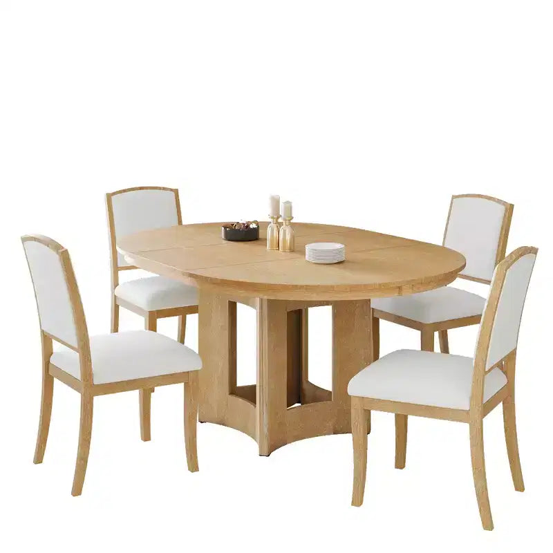 Farmhouse Extendable Round Dining Table Set for 4, 5 Pieces Kitchen Table Set with Removable Leaf and 4 Upholstered Chairs