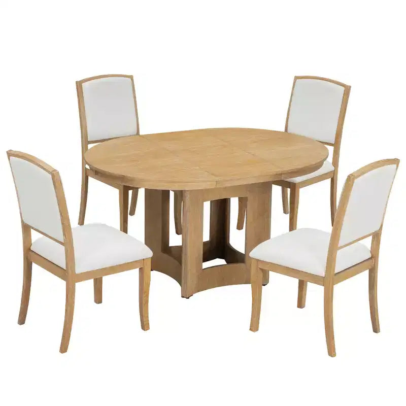 Farmhouse Extendable Round Dining Table Set for 4, 5 Pieces Kitchen Table Set with Removable Leaf and 4 Upholstered Chairs