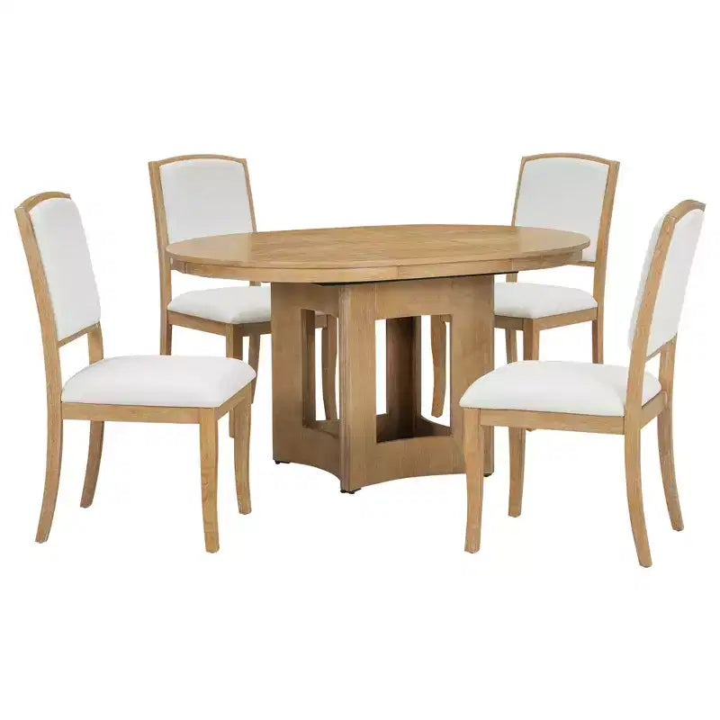 Farmhouse Extendable Round Dining Table Set for 4, 5 Pieces Kitchen Table Set with Removable Leaf and 4 Upholstered Chairs