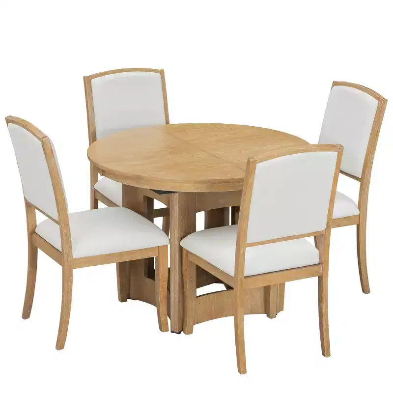 Farmhouse Extendable Round Dining Table Set for 4, 5 Pieces Kitchen Table Set with Removable Leaf and 4 Upholstered Chairs