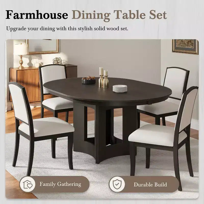 Farmhouse Extendable Round Dining Table Set for 4, 5 Pieces Kitchen Table Set with Removable Leaf and 4 Upholstered Chairs
