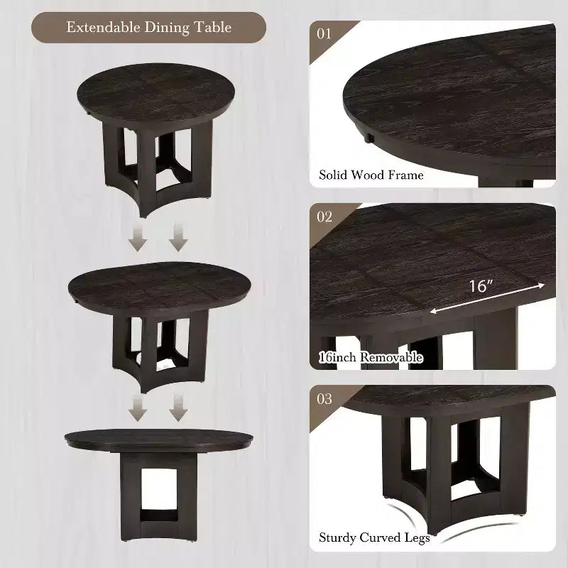 Farmhouse Extendable Round Dining Table Set for 4, 5 Pieces Kitchen Table Set with Removable Leaf and 4 Upholstered Chairs
