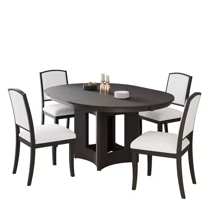 Farmhouse Extendable Round Dining Table Set for 4, 5 Pieces Kitchen Table Set with Removable Leaf and 4 Upholstered Chairs