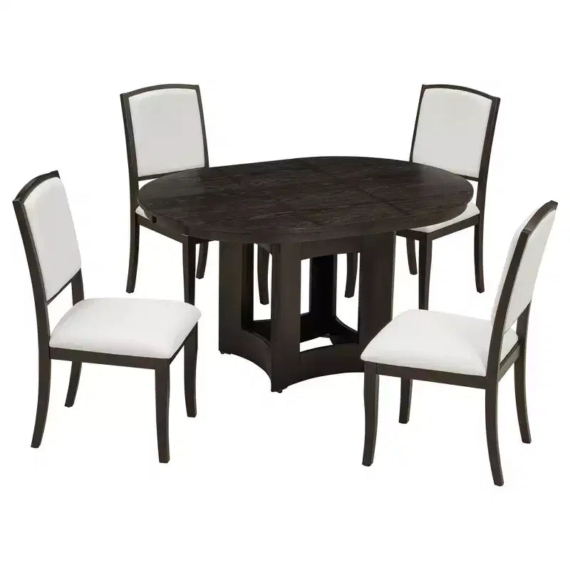 Farmhouse Extendable Round Dining Table Set for 4, 5 Pieces Kitchen Table Set with Removable Leaf and 4 Upholstered Chairs