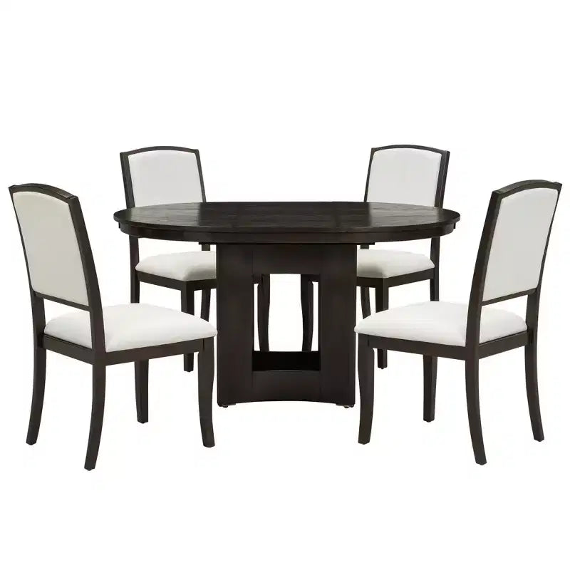 Farmhouse Extendable Round Dining Table Set for 4, 5 Pieces Kitchen Table Set with Removable Leaf and 4 Upholstered Chairs