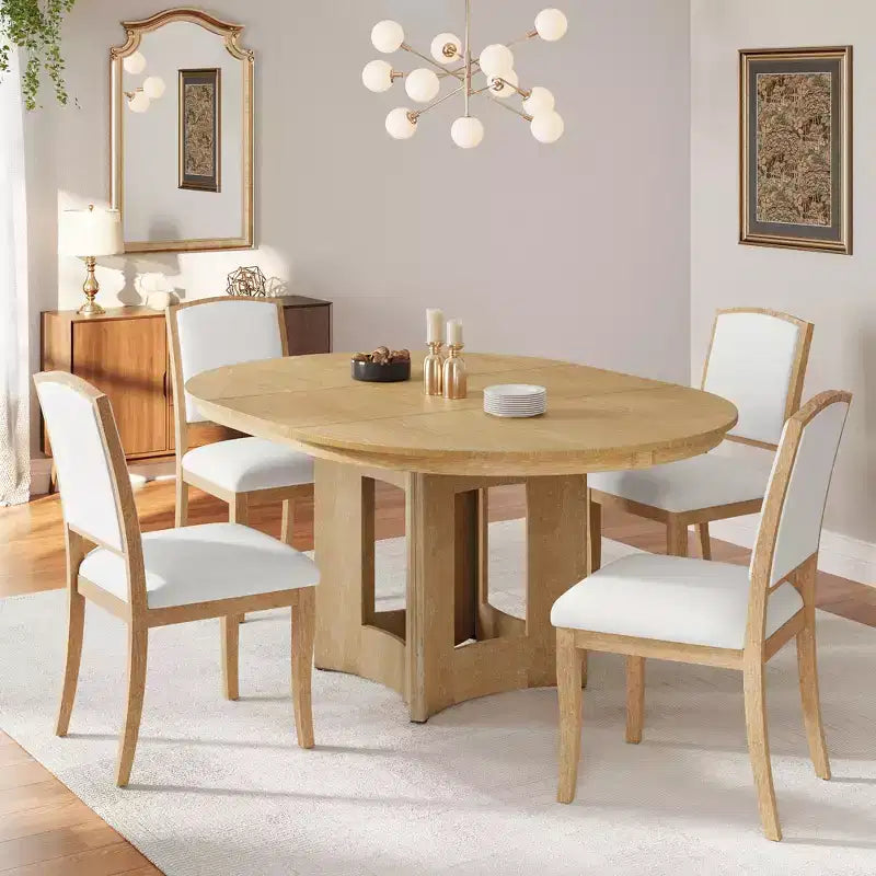 Farmhouse Extendable Round Dining Table Set for 4, 5 Pieces Kitchen Table Set with Removable Leaf and 4 Upholstered Chairs