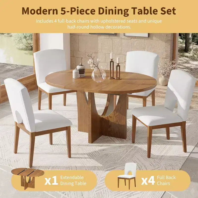 5 Pieces Extendable Round Dining Table Set for 4, Modern Kitchen Dining Table with Removable Leaf and 4 Upholstered Chairs for Dining Room