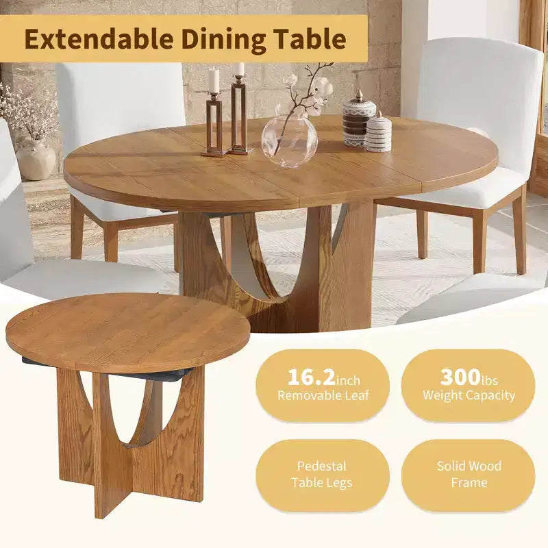 5 Pieces Extendable Round Dining Table Set for 4, Modern Kitchen Dining Table with Removable Leaf and 4 Upholstered Chairs for Dining Room