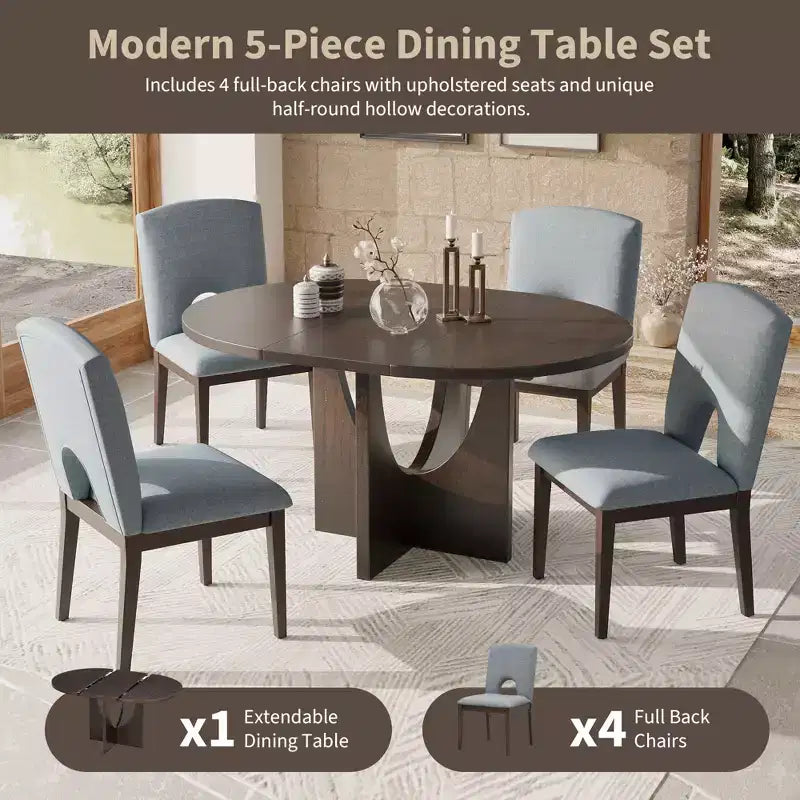 5 Pieces Extendable Round Dining Table Set for 4, Modern Kitchen Dining Table with Removable Leaf and 4 Upholstered Chairs for Dining Room