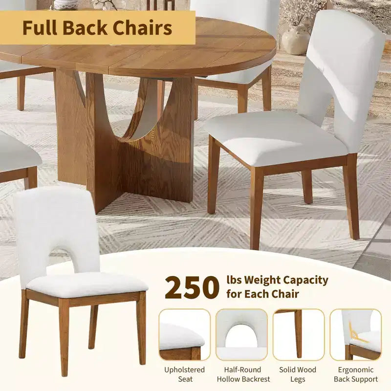 5 Pieces Extendable Round Dining Table Set for 4, Modern Kitchen Dining Table with Removable Leaf and 4 Upholstered Chairs for Dining Room