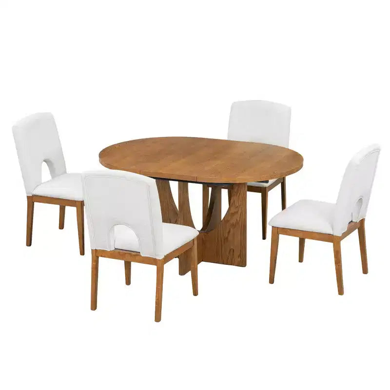 5 Pieces Extendable Round Dining Table Set for 4, Modern Kitchen Dining Table with Removable Leaf and 4 Upholstered Chairs for Dining Room
