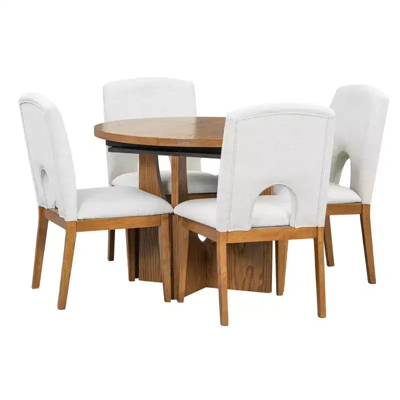 5 Pieces Extendable Round Dining Table Set for 4, Modern Kitchen Dining Table with Removable Leaf and 4 Upholstered Chairs for Dining Room