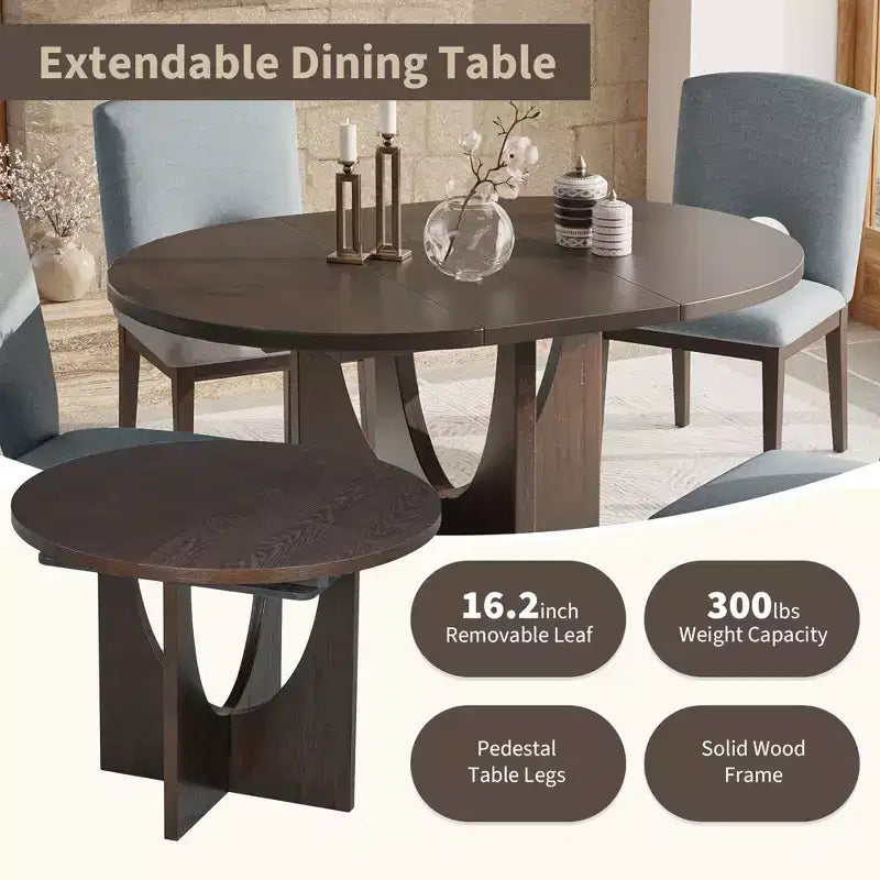 5 Pieces Extendable Round Dining Table Set for 4, Modern Kitchen Dining Table with Removable Leaf and 4 Upholstered Chairs for Dining Room