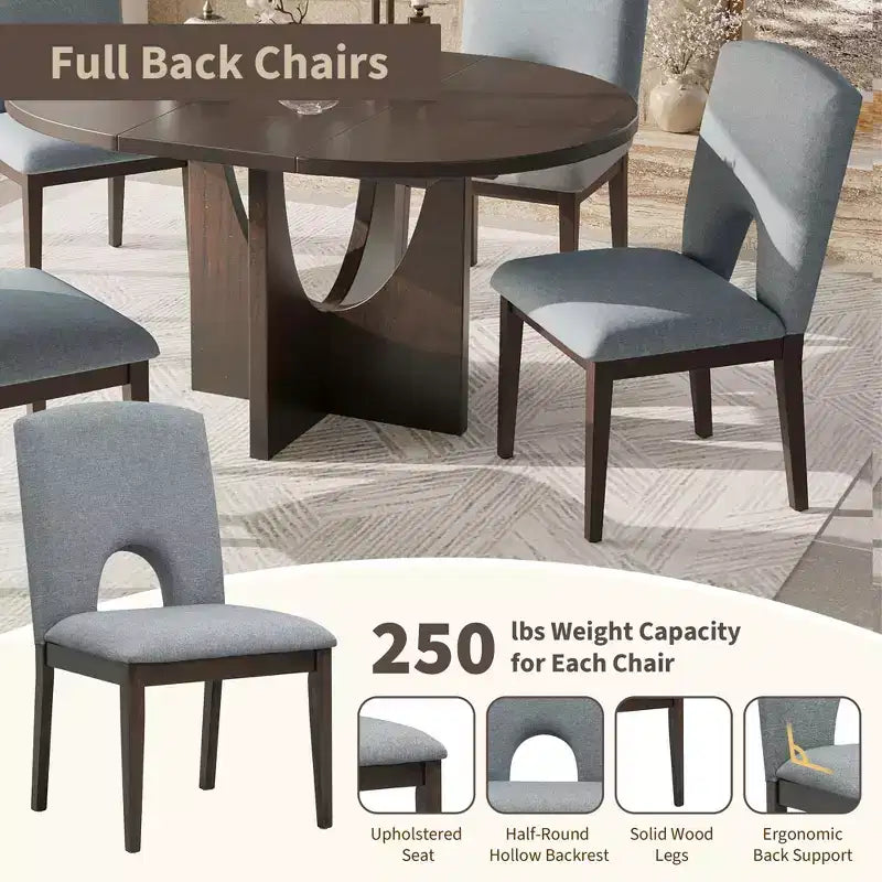 5 Pieces Extendable Round Dining Table Set for 4, Modern Kitchen Dining Table with Removable Leaf and 4 Upholstered Chairs for Dining Room