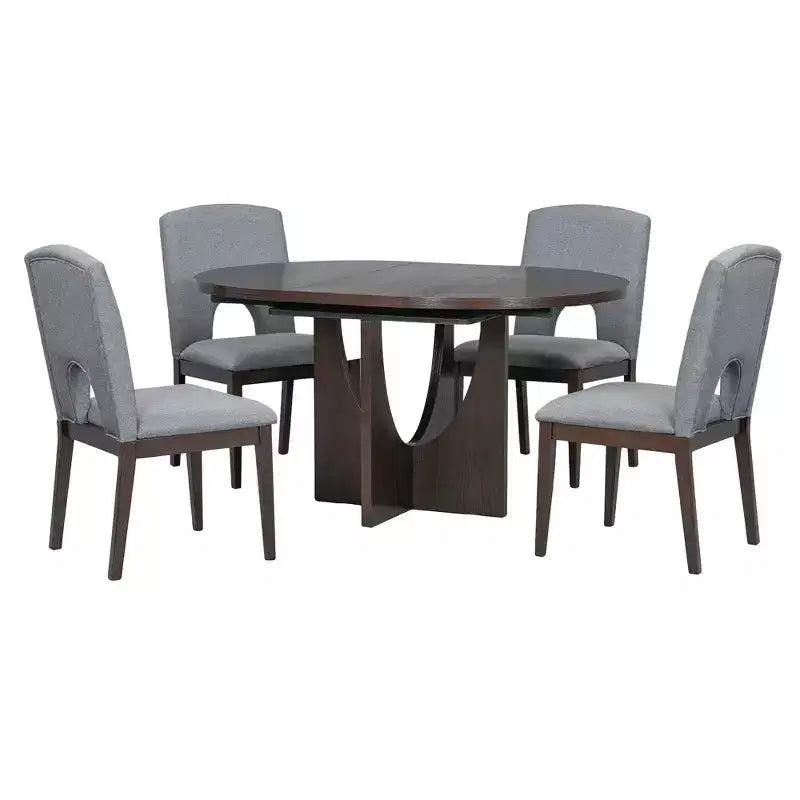 5 Pieces Extendable Round Dining Table Set for 4, Modern Kitchen Dining Table with Removable Leaf and 4 Upholstered Chairs for Dining Room