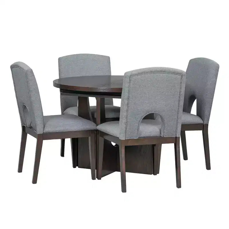 5 Pieces Extendable Round Dining Table Set for 4, Modern Kitchen Dining Table with Removable Leaf and 4 Upholstered Chairs for Dining Room