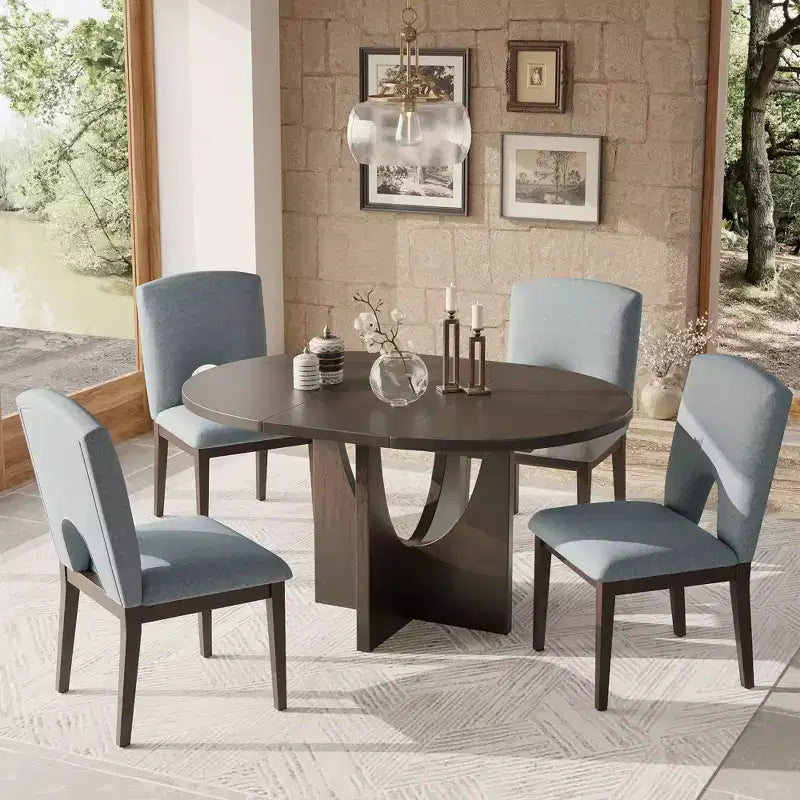 5 Pieces Extendable Round Dining Table Set for 4, Modern Kitchen Dining Table with Removable Leaf and 4 Upholstered Chairs for Dining Room