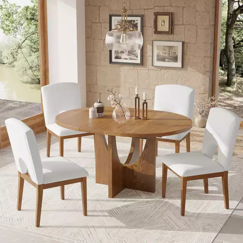 5 Pieces Extendable Round Dining Table Set for 4, Modern Kitchen Dining Table with Removable Leaf and 4 Upholstered Chairs for Dining Room