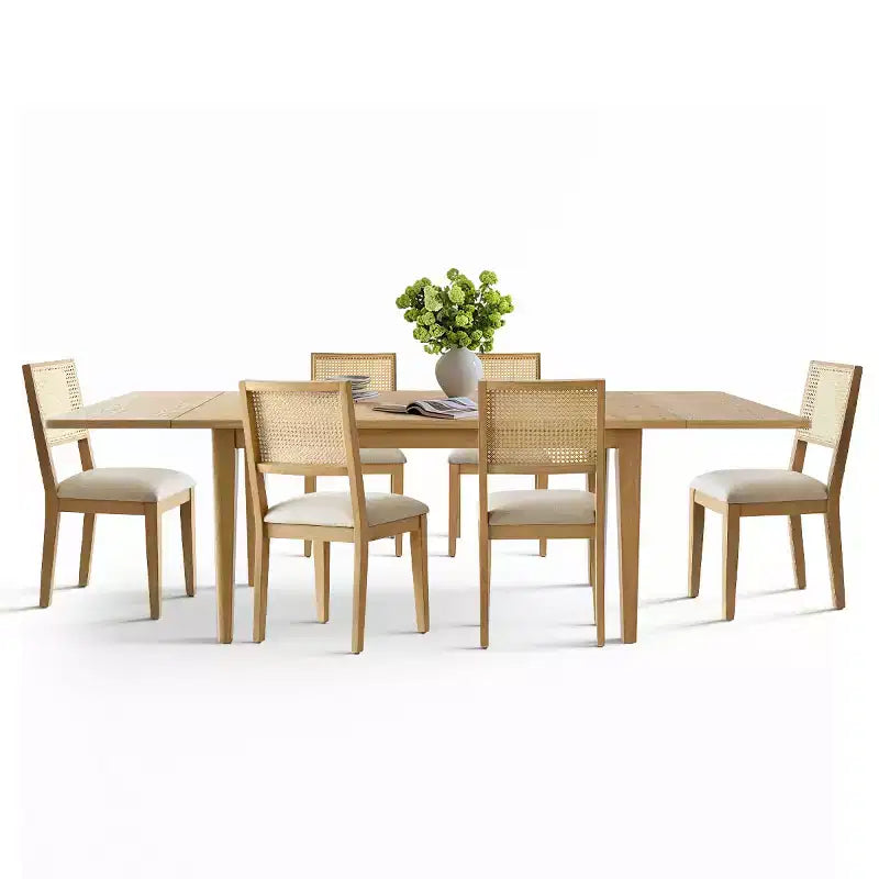 Modern Dining Table Set for 6/8, Space-Saving Expandable Table, Rattan Back Chairs with Beige Cushions for Kitchen, Dining Room-Panipeachy