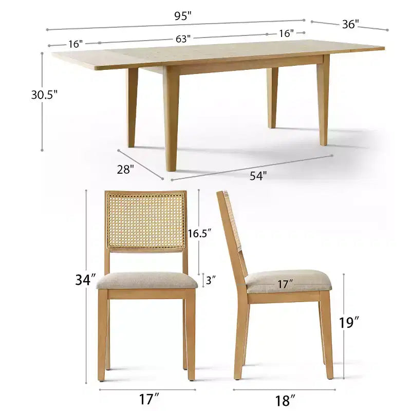 Modern Dining Table Set for 6/8, Space-Saving Expandable Table, Rattan Back Chairs with Beige Cushions for Kitchen, Dining Room-Panipeachy