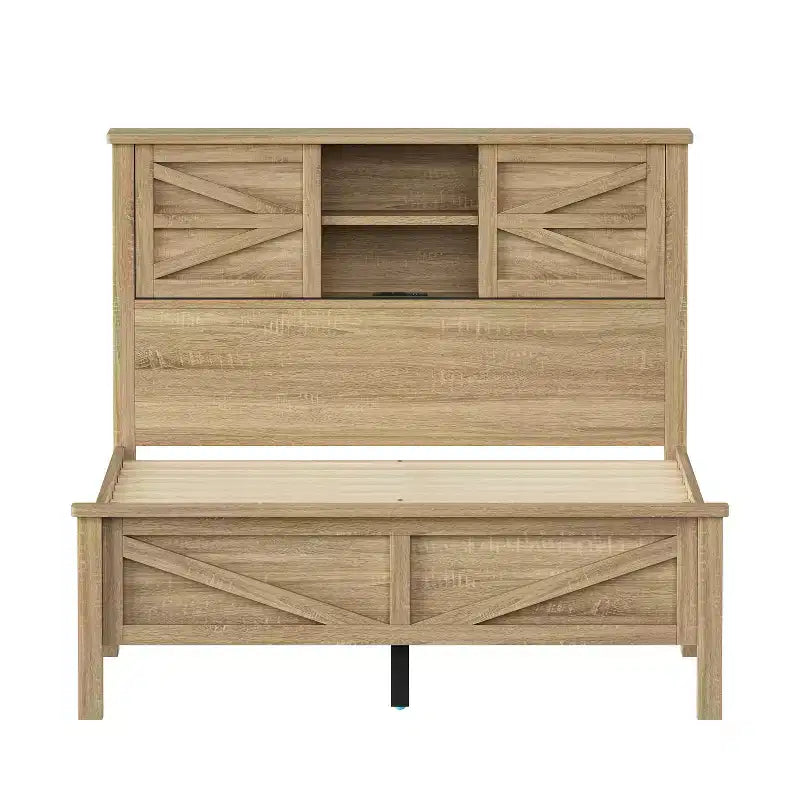 MAYEERTY 3 Pieces Full Bedroom with Double Sliding Door Storage Headboard and Chariging Station Storage Nightstand and Dresser for Bedroom Natural