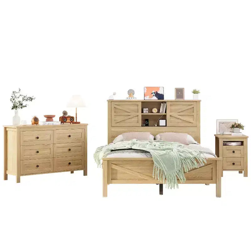 MAYEERTY 3 Pieces Full Bedroom with Double Sliding Door Storage Headboard and Chariging Station Storage Nightstand and Dresser for Bedroom Natural