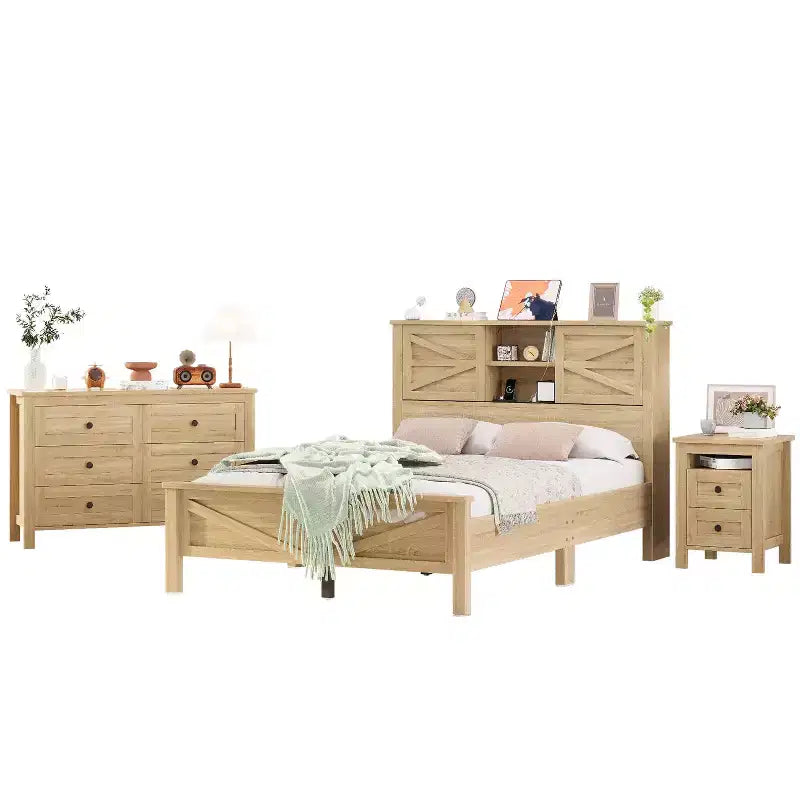 MAYEERTY 3 Pieces Full Bedroom with Double Sliding Door Storage Headboard and Chariging Station Storage Nightstand and Dresser for Bedroom Natural