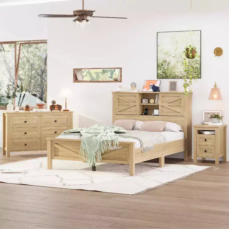 MAYEERTY 3 Pieces Full Bedroom with Double Sliding Door Storage Headboard and Chariging Station Storage Nightstand and Dresser for Bedroom Natural