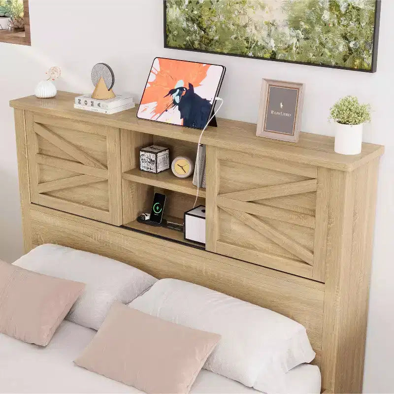 MAYEERTY 3 Pieces Full Bedroom with Double Sliding Door Storage Headboard and Chariging Station Storage Nightstand and Dresser for Bedroom Natural