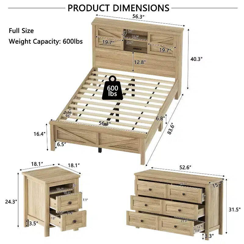 MAYEERTY 3 Pieces Full Bedroom with Double Sliding Door Storage Headboard and Chariging Station Storage Nightstand and Dresser for Bedroom Natural