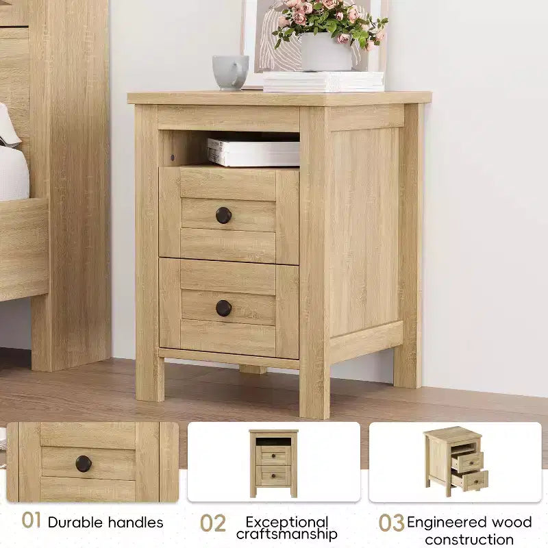 MAYEERTY 3 Pieces Full Bedroom with Double Sliding Door Storage Headboard and Chariging Station Storage Nightstand and Dresser for Bedroom Natural